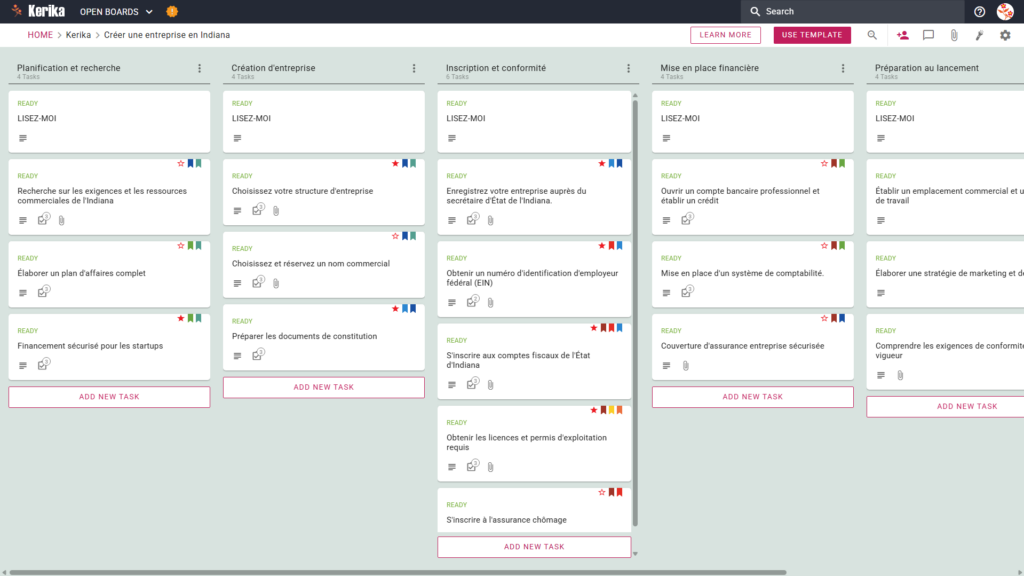 Une bannière intitulée "Créer une entreprise en Indiana" avec une capture d'écran du tableau Kanban de Kerika, avec des colonnes pour les tâches liées à la planification et à la recherche, à la création d'une entreprise, à l'enregistrement et à la conformité, aux dispositions financières et à la préparation de la constitution en société.