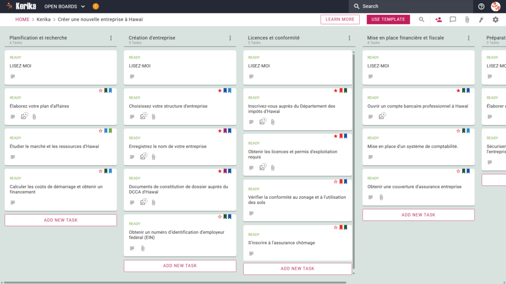 Une bannière intitulée "Créer une nouvelle entreprise à Hawaï", présentant une capture d'écran du tableau Kanban de Kerika avec des colonnes pour la planification et la recherche, la création d'une entreprise, les licences et la conformité, les finances et les impôts, et la préparation de la constitution en société.