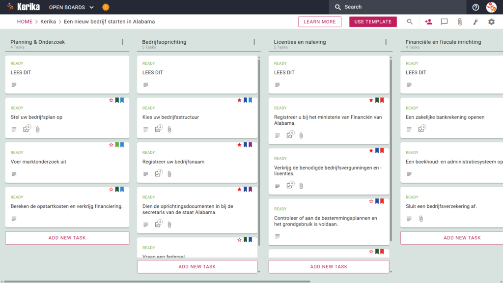 Het Kanban-bordscherm "Een nieuw bedrijf starten in Alabama" heeft werkstroomonderwerpen genaamd "Planning en onderzoek", "Bedrijfsvoorbereiding", "Bedrijfsoprichting", "Licenties en naleving" en "Financiële en belastingregels", elk met stapsgewijze werkbladen.
