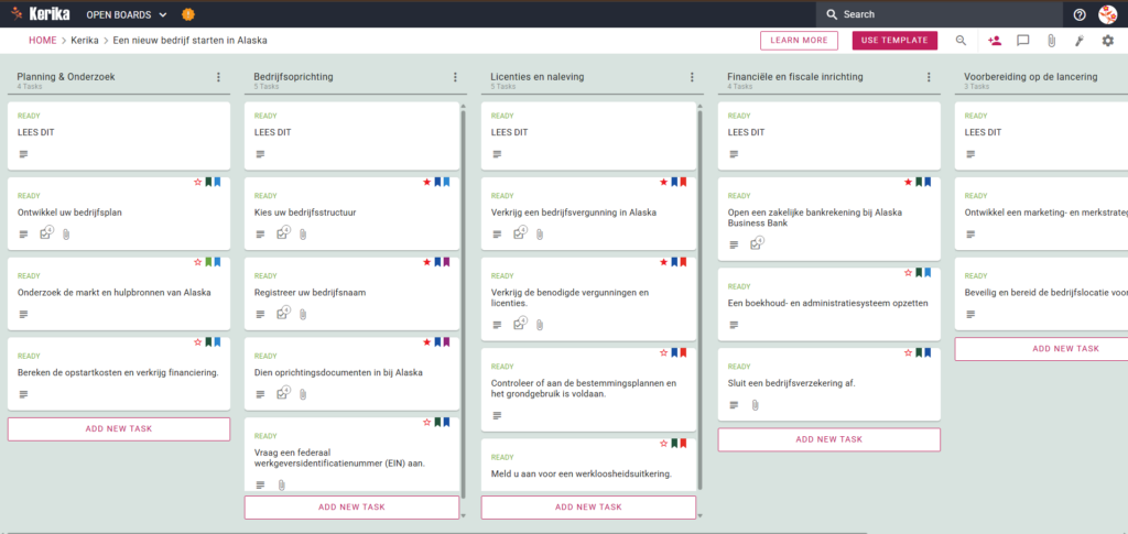 Dit is een schermafbeelding van het Kanban-bord van Kerika, met een projectblad met de titel 'Een nieuw bedrijf starten in Alaska'. Het bord toont een workflow met kolommen voor, van links naar rechts, 'Planning en onderzoek', 'Bedrijfsoprichting', 'Vergunningverlening en naleving', 'Financiën en financiële opzet' en 'Startvoorbereiding', met specifieke taakbladen zoals 'Schrijf een bedrijfsplan' en 'Verkrijg een bedrijfsvergunning voor Alaska'. Er worden workflows gepresenteerd.
