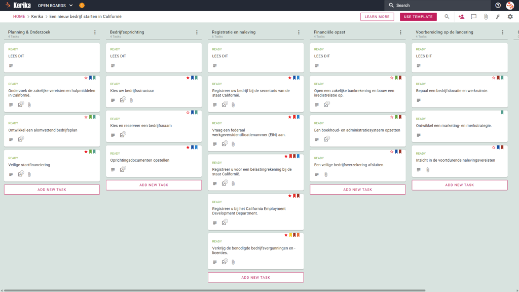 In deze schermafbeelding van Kelika's Kanban-bord met de titel "Een nieuw bedrijf starten in Californië" zijn er workflowitems met de titels "Planning en onderzoek", "Bedrijfsvorming", "Registratie en naleving", "Financiële voorbereiding" en "Startvoorbereiding", elk met een stapsgewijs taakblad. Er is een stapsgewijs taakblad gemaakt.