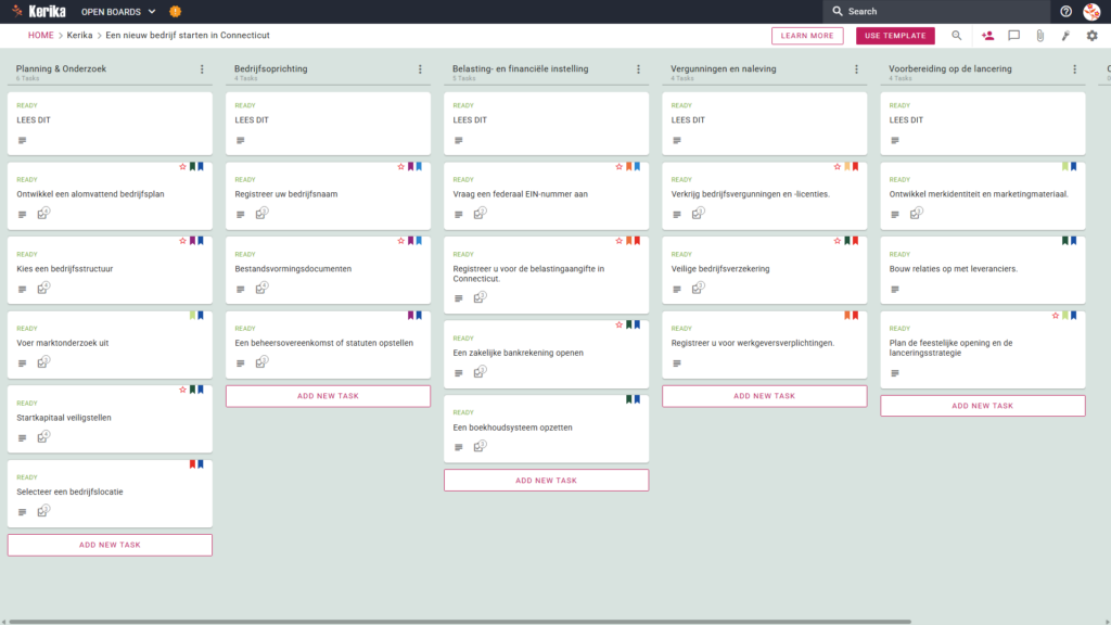 Screenshot van het kanban-bord van Kerika met de titel "Een nieuw bedrijf starten in Connecticut". Het bord heeft een workflow van links naar rechts met kolommen voor Planning & Onderzoek, Business Formation, Tax & Financial Setup, Licensing & Compliance en Launch Preparation, met specifieke taakkaarten zoals "Develop Comprehensive Business Plan" en "Obtain Federal EIN".