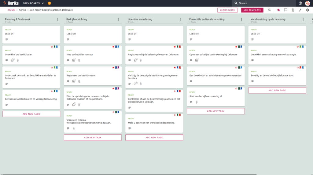 Een nieuw bedrijf starten in Delaware: Een screenshot van een Kanban-bord met een banner met de titel "Een nieuw bedrijf starten in Delaware" en ruimtes voor Planning en onderzoek, Bedrijfsoprichting, Licensing en naleving, Financiën en belastingen, en Early Stage.