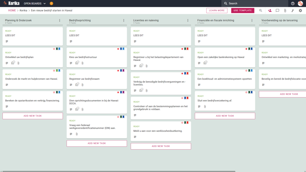 Een banner met de titel "Een nieuw bedrijf starten in Hawaï" toont een screenshot van het Kanban-bord van Kelia, met kolommen voor planning en onderzoek, bedrijfsoprichting, vergunningen en naleving, financiën en belastingen, en bedrijfsvoorbereiding.