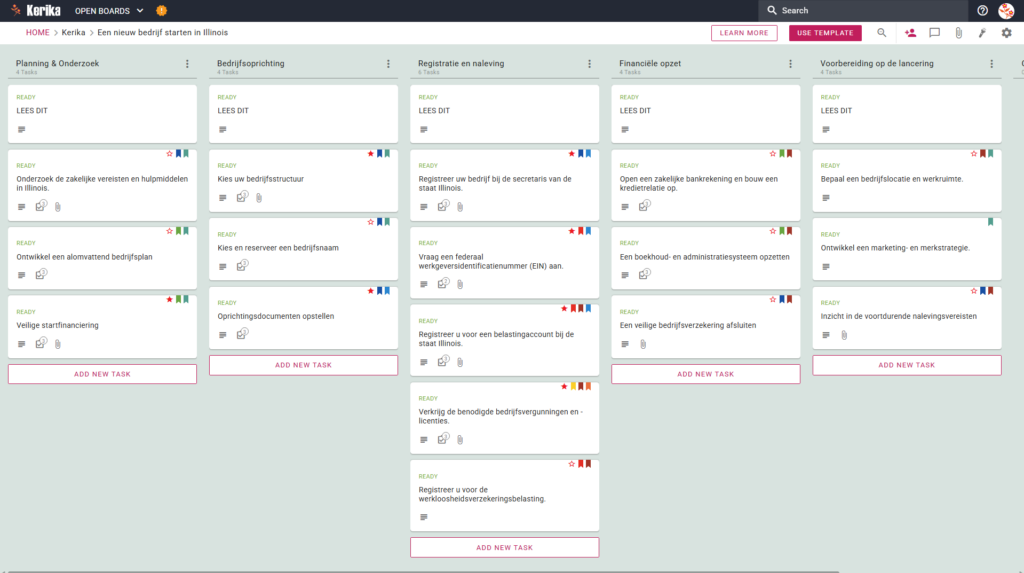 Schermafbeelding van Kerika's Kanban-bord met een banner met de titel "Een nieuw bedrijf starten in Illinois" en taakvelden met de titels "Plan en onderzoek", "Een bedrijf oprichten", "Registreren en naleven", "Financiën voorbereiden" en "Klaarmaken om te beginnen".