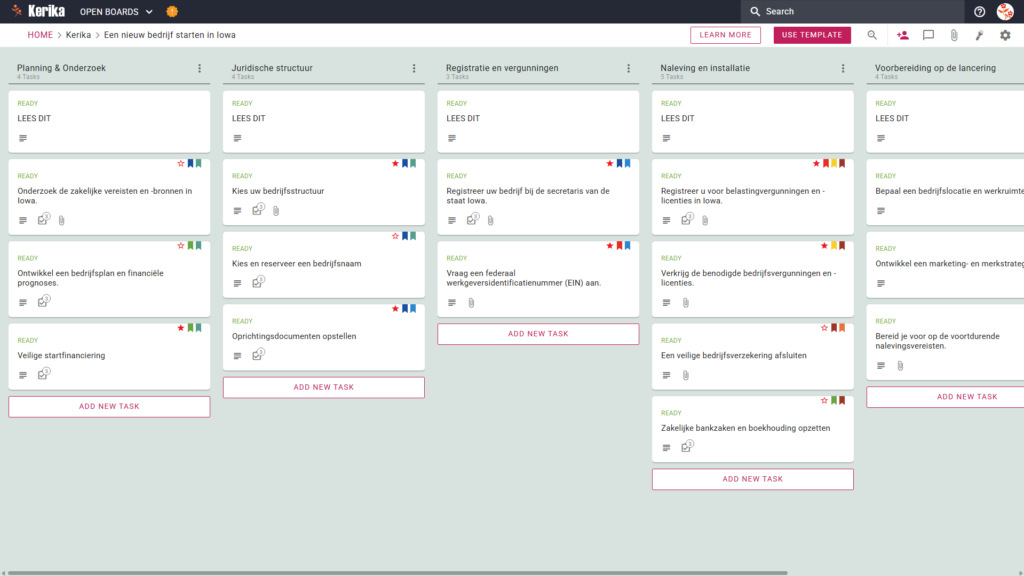 Screenshot van een Kanban-werkblad met een banner met de titel "Een nieuw bedrijf starten in Iowa" en items voor planning en onderzoek, juridische structuur, registratie en vergunningen, naleving van regelgeving en eerste voorbereiding.