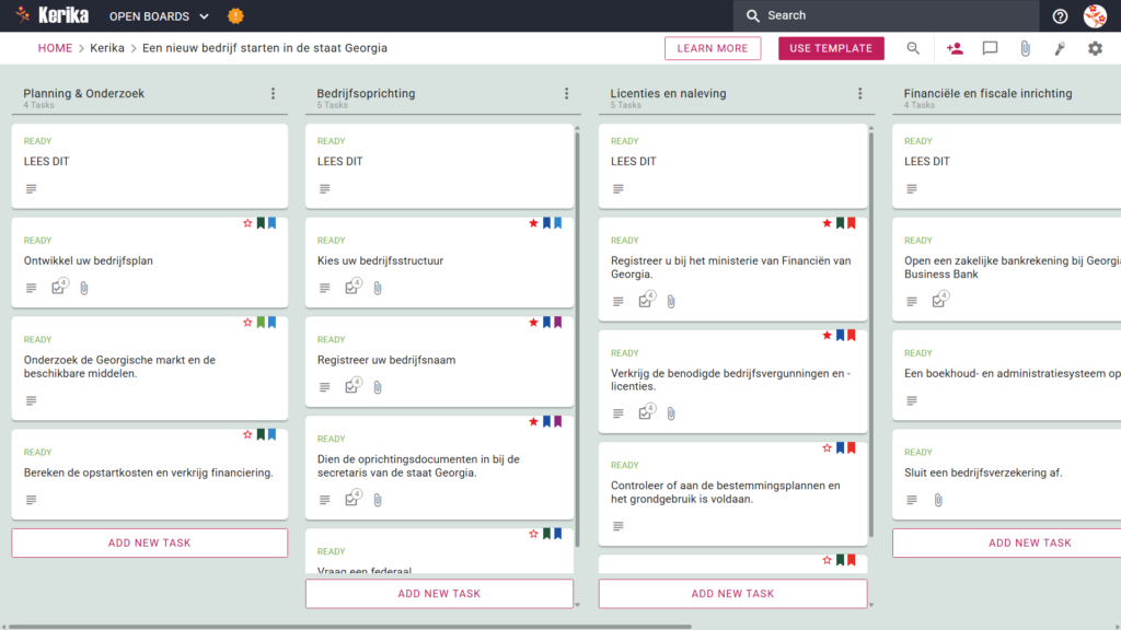 Screenshot van Carrick's Kamban-panel met de titel "Een nieuw bedrijf starten in de staat Georgia". Het bord behandelt planning en onderzoek, oprichting, vergunningen en naleving, financiële en fiscale voorbereiding en voorbereiding van de start.