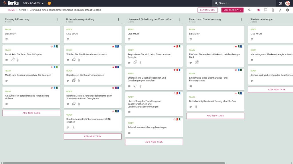Banner mit dem Titel "Starting a New Business in State of Georgia" (Gründung eines neuen Unternehmens im Bundesstaat Georgia) mit einem Screenshot der Kerik Kanban-Pinnwand mit Spalten für Aufgaben zur Planung und Recherche, Unternehmensgründung, Lizenzierung und Einhaltung von Vorschriften, Finanz- und Steuervorbereitungen und Vorbereitung der Unternehmensgründung.