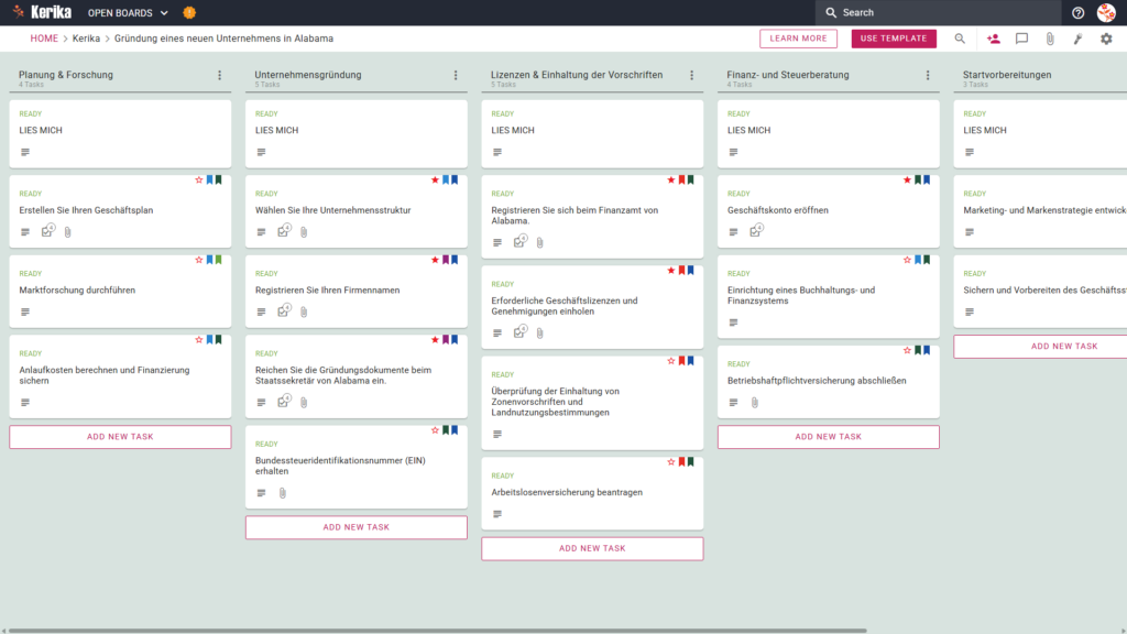 Ein Screenshot der Kerik Kanban Pinnwand mit dem Titel "Starting a New Business in Alabama" (Gründung eines neuen Unternehmens in Alabama) zeigt Spalten mit Arbeitsabläufen für Planung und Recherche, Unternehmensgründung, Lizenzen und Einhaltung von Vorschriften sowie Finanz- und Steuervorschriften, die jeweils mit Schritt-für-Schritt-Aufgabenkarten gefüllt sind.