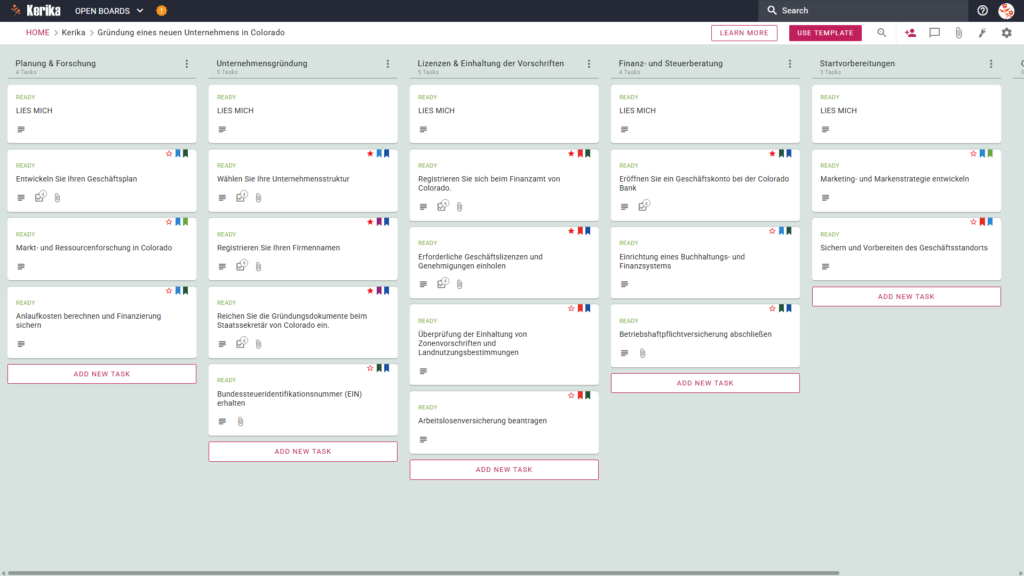 Kerika Kanban-Board-Vorlage für die Gründung eines neuen Unternehmens in Colorado, die eine schrittweise visuelle Roadmap für die Unternehmensplanung, die rechtliche Gründung, die staatliche Lizenzierung, die steuerliche Einrichtung und die Vorbereitung des Starts darstellt.