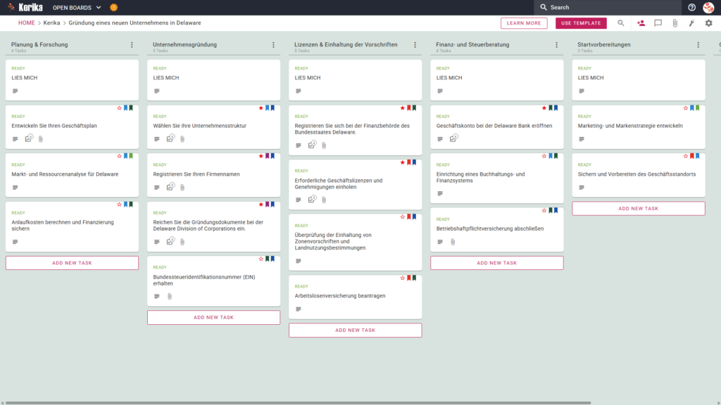 Banner mit dem Titel "Starting a New Business in Delaware" (Gründung eines neuen Unternehmens in Delaware) mit einem Screenshot der Kerik Kanban Nachrichtentafel mit Spalten für Aufgaben zur Planung und Recherche, Unternehmensgründung, Lizenzen und Einhaltung von Vorschriften, Finanz- und Steuereinrichtung und Vorbereitung auf den Start.