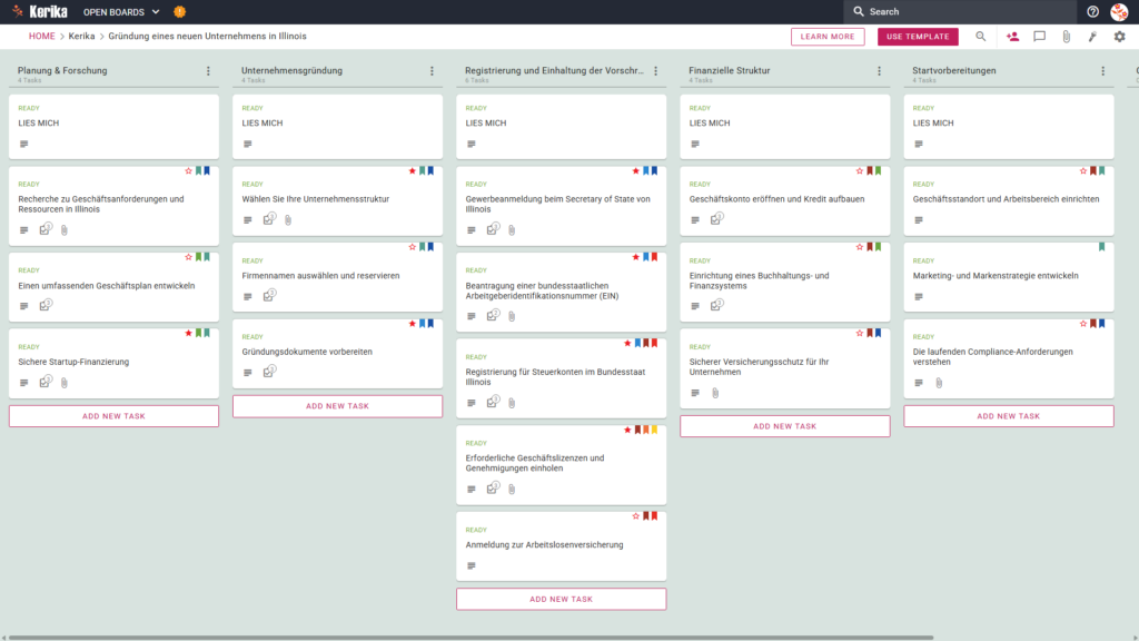 Banner mit der Überschrift "Gründung eines neuen Unternehmens in Illinois" mit einem Screenshot der Kerik Kanban-Tafel mit Spalten für Aufgaben zur Planung und Recherche, Unternehmensgründung, Registrierung und Einhaltung von Vorschriften, finanziellem Aufbau und Vorbereitung der Gründung.