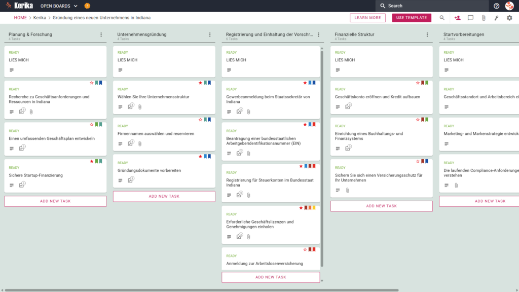 Banner mit dem Titel "Gründung eines neuen Unternehmens in Indiana" mit einem Screenshot einer Kerika-Kanban-Tafel mit Spalten für Aufgaben in den Bereichen Planung und Recherche, Unternehmensgründung, Registrierung und Einhaltung von Vorschriften, finanzielle Einrichtung und Vorbereitung der Gründung.