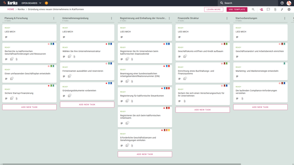 Ein Screenshot einer Kerika-Kanban-Tafel mit dem Titel "Gründung eines neuen Unternehmens in Kalifornien" zeigt die Workflow-Spalten für Planung und Recherche, Unternehmensgründung, Registrierung und Einhaltung von Vorschriften, finanzielle Einrichtung und Startvorbereitung, die jeweils mit Schritt-für-Schritt-Aufgabenkarten gefüllt sind.