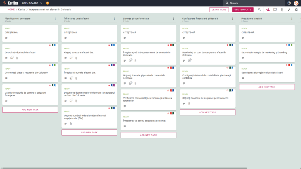 Șablon Kerika Kanban Board pentru începerea unei noi afaceri în Colorado, ilustrând o foaie de parcurs vizuală pas cu pas pentru planificarea afacerii, formarea juridică, licențierea de stat, configurarea fiscală și pregătirea lansării.