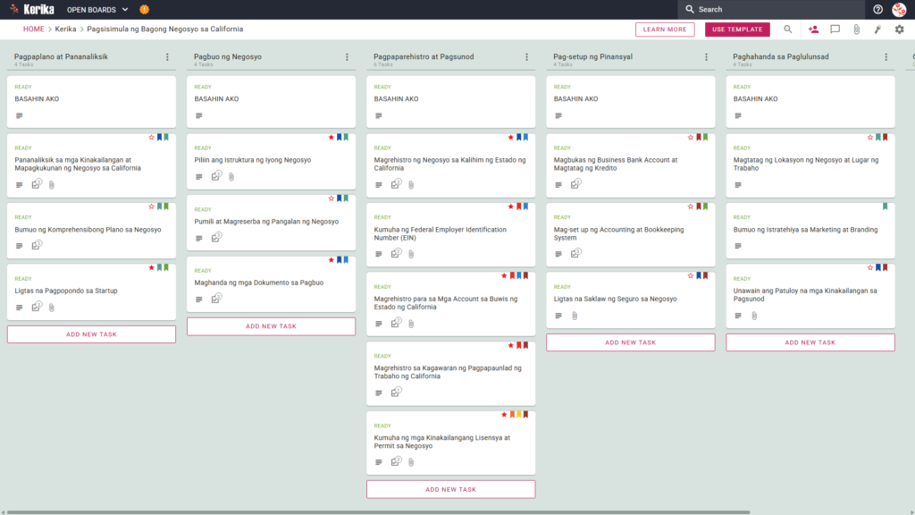 Sa screenshot na ito ng Kanban board ni Kelika na may pamagat na 'Pagsisimula ng bagong negosyo sa California', may mga workflow item na may pamagat na 'Paghahanda at pananaliksik', 'Pagbuo ng negosyo', 'Pagpaparehistro at pagsunod', 'Paghahandang pinansyal' at 'Paghahanda para sa paglulunsad', bawat isa ay may hakbang-hakbang na talaan ng gawain. Nilikha na ang hakbang-hakbang na talaan ng gawain.