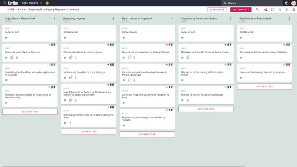 Kerika Kanban board template para sa pagsisimula ng bagong negosyo sa Colorado, na naglalarawan ng hakbang-hakbang na biswal na gabay para sa pagpaplano ng negosyo, legal na pagbubuo, pagkuha ng lisensya sa estado, pag-aayos ng buwis, at paghahanda para sa paglulunsad.