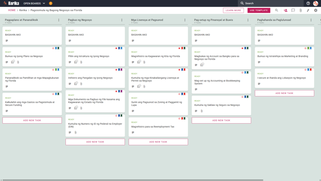 Ang poster na may pamagat na "Pagsisimula ng Bagong Negosyo sa Florida" ay nagpapakita ng isang screenshot ng Kerik Kanban dashboard, na kinabibilangan ng seksyon sa pagpaplano at pananaliksik, pagsisimula ng negosyo, paglilisensya at pagsunod, mga regulasyon sa pananalapi at buwis, at paghahanda sa pagsisimula.
