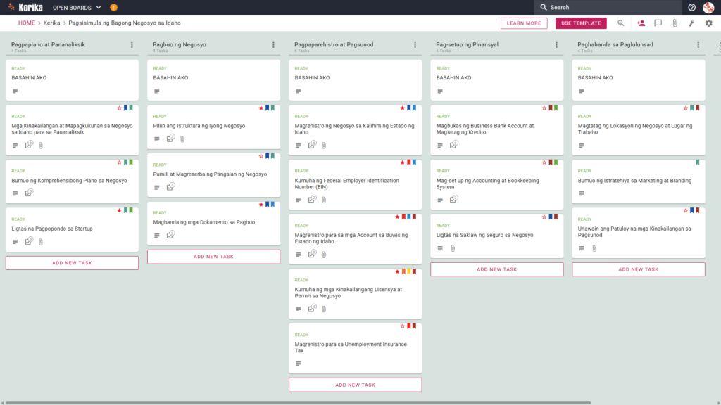Patpat para sa "Pagsisimula ng Bagong Negosyo sa Idaho", kasama ang isang screenshot ng Kanban board na nagpapakita ng mga gawain kaugnay ng pagpaplano at pananaliksik, pamamahala ng negosyo, pagpaparehistro at pagkuha ng lisensya, pagpopondo, at pagsisimula.
