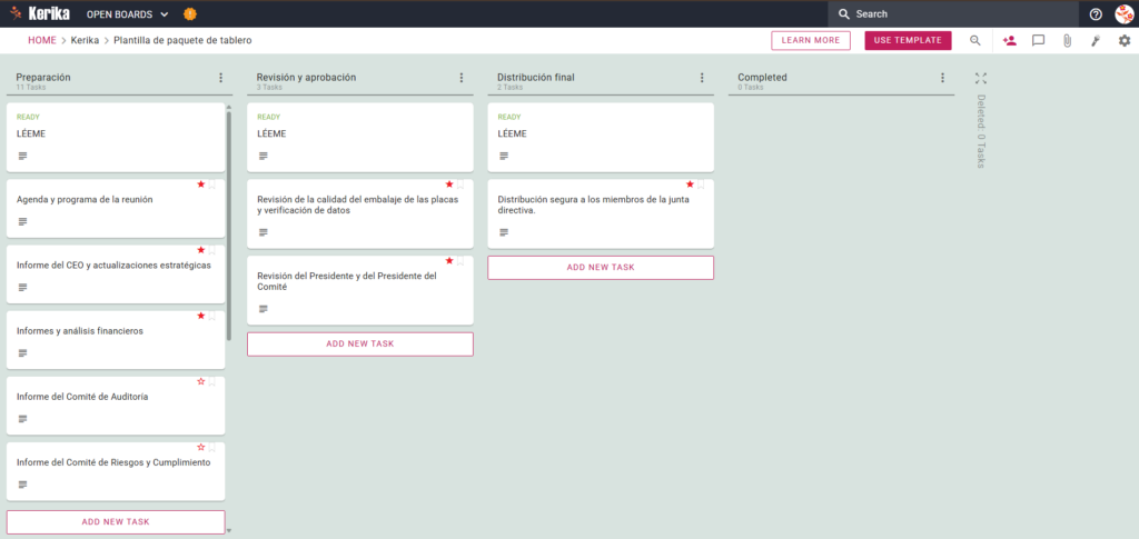 Captura de pantalla de Kerika Board Pack Template que muestra un flujo de trabajo de tablero Kanban para organizar una reunión de junta directiva, incluidas las tareas de preparación, revisión y distribución.