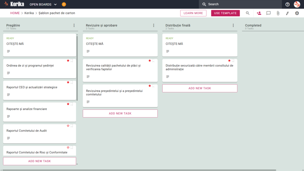 Captură de ecran a șablonului „Pachet de tablă Karika”. Se afișează un flux de lucru Kanban, inclusiv sarcinile de pregătire, verificare și distribuire pentru operațiunile de pe tablă.