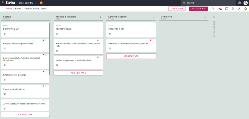 Kerika Board Pack Template screenshot showing a Kanban board workflow for organizing a board of directors meeting, including preparation, review, and distribution tasks.