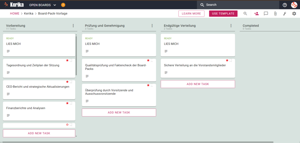 Der Screenshot der Kerika Board Pack-Vorlage zeigt einen Kanban-Board-Workflow für die Organisation einer Vorstandssitzung, einschließlich der Aufgaben zur Vorbereitung, Überprüfung und Verteilung.