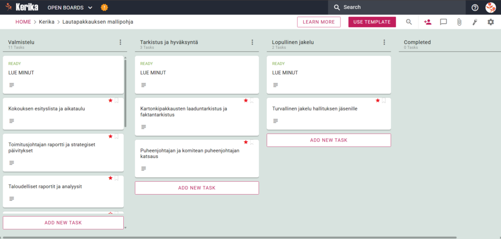 Kerika Board Pack -mallin kuvakaappauksessa näkyy Kanban-taulun työnkulku hallituksen kokouksen järjestämiseksi, mukaan lukien valmistelu-, tarkastelu- ja jakelutehtävät.