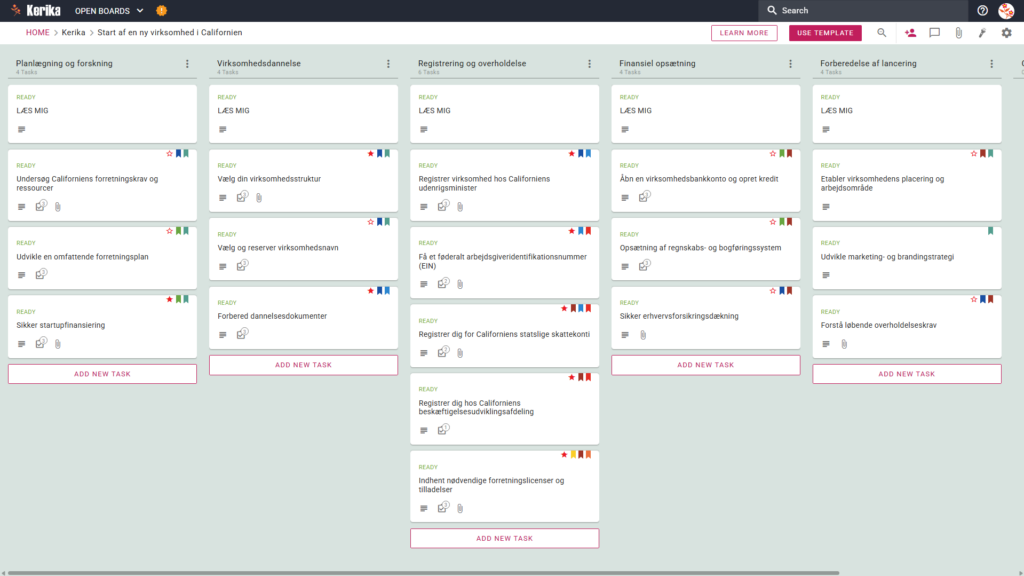Et skærmbillede af en Kerika Kanban-tavle med titlen "Starting a New Business in California", der viser workflow-kolonner for Planning & Research, Business Formation, Registration & Compliance, Financial Setup og Launch Preparation, som hver især er udfyldt med trinvise opgavekort.