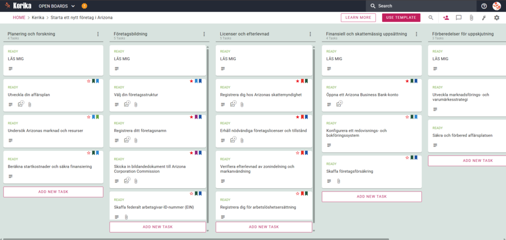 En skärmdump av Kerikas Kanban-tavla. Från vänster till höger finns arbetsflödena Planering och forskning, Skapande av uppgifter, Licensiering och efterlevnad. Titeln på projekttavlan. Instrumentpanelen visar arbetsflödet från vänster till höger, med kolumner för "Planning and research", "Setting up a business", "Licensing and compliance", "Setting up financing and taxes" och "Getting started" och flikar för specifika uppgifter, t.ex. "Selecting a business structure" och "Registering with the Arizona Department of Revenue".