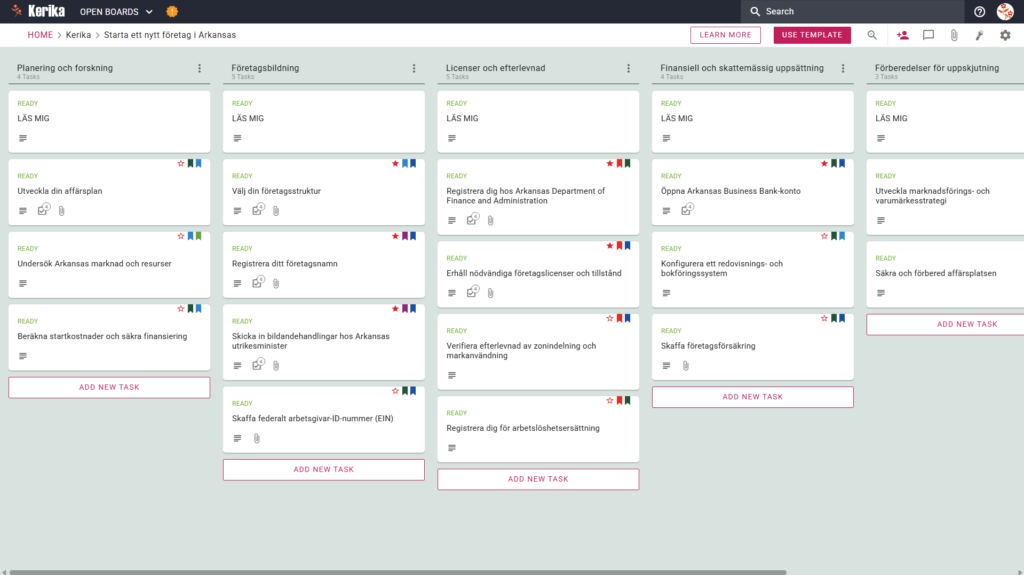 Skärmdump av Kareks Kanban-bräda med titeln "Starta ett företag i Arkansas". Det listas steg för steg med flikar för planering och forskning, företagsbildning, licensiering och efterlevnad, ekonomi och skatteövervakning och förberedelser för att starta ditt företag.