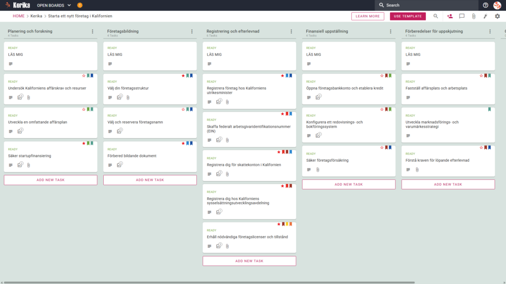 I den här skärmdumpen av Kelikas Kanban-tavla med titeln "Starta ett nytt företag i Kalifornien" finns det arbetsflödesobjekt med titlarna "Planering och forskning", "Företagsbildning", "Registrering och efterlevnad", "Finansiell förberedelse" och "Förberedelse av uppstart", var och en med ett steg-för-steg-uppgiftsblad. Ett steg-för-steg-arbetsblad har skapats.
