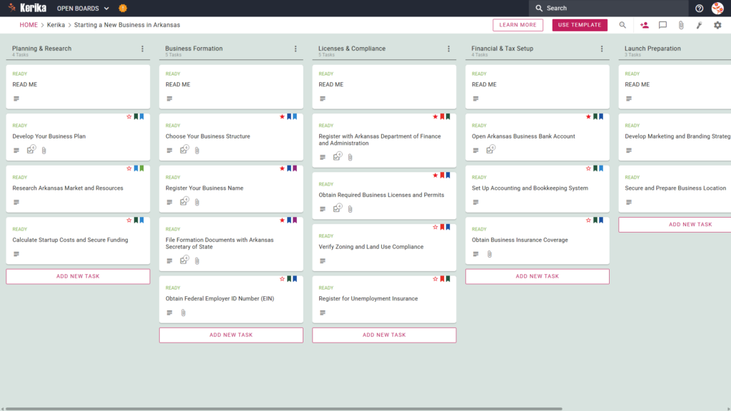A screenshot of a Kerika Kanban board titled "Starting a New Business in Arkansas," displaying workflow columns for Planning & Research, Business Formation, Licenses & Compliance, Financial & Tax Setup, and Launch Preparation, each filled with step-by-step task cards.