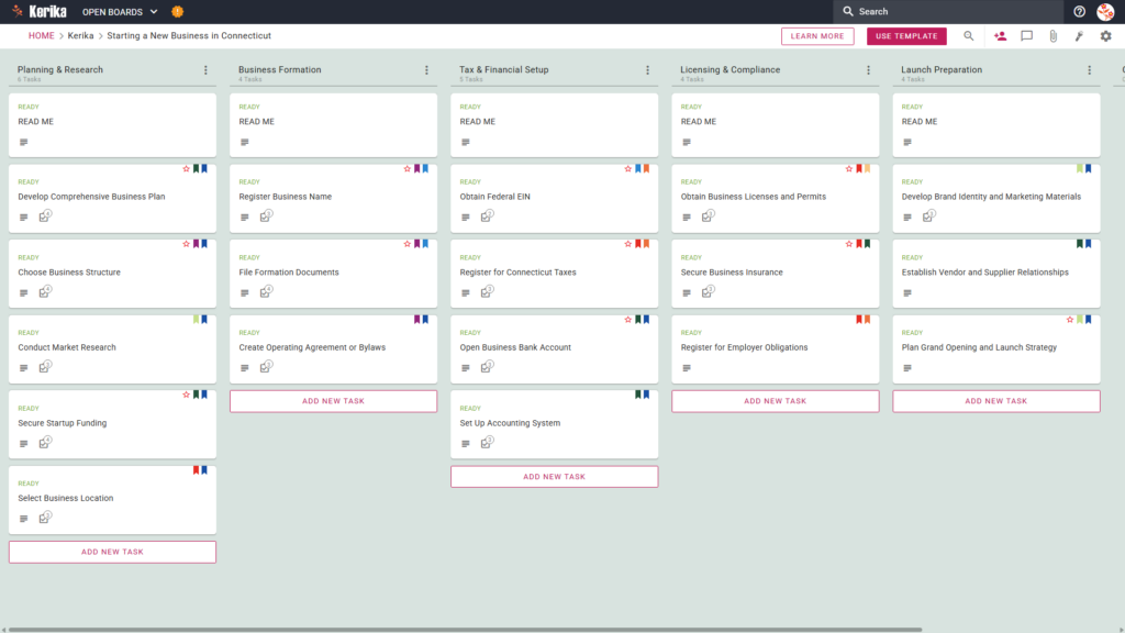 Screenshot of the Kerika's kanban board titled "Starting a New Business in Connecticut." The board features a left-to-right workflow with columns for Planning & Research, Business Formation, Tax & Financial Setup, Licensing & Compliance, and Launch Preparation, containing specific task cards like "Develop Comprehensive Business Plan" and "Obtain Federal EIN."