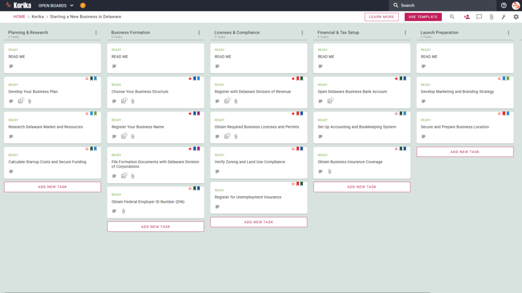 Banner titled "Starting a New Business in Delaware" featuring a screenshot of a Kerika Kanban board with task columns for Planning & Research, Business Formation, Licenses & Compliance, Financial & Tax Setup, and Launch Preparation.