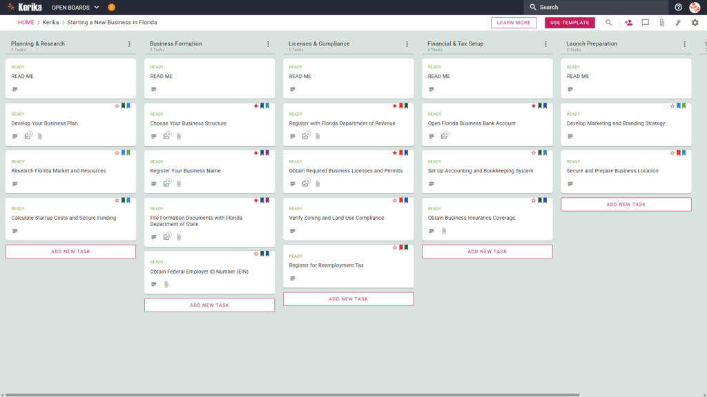 Banner titled "Starting a New Business in Florida" featuring a screenshot of a Kerika Kanban board with task columns for Planning & Research, Business Formation, Licenses & Compliance, Financial & Tax Setup, and Launch Preparation.