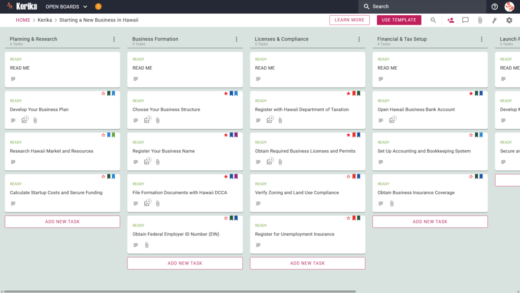 Banner titled "Starting a New Business in Hawaii" featuring a screenshot of a Kerika Kanban board with task columns for Planning & Research, Business Formation, Licenses & Compliance, Financial & Tax Setup, and Launch Preparation.