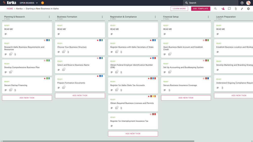 Banner titled "Starting a New Business in Idaho" featuring a screenshot of a Kerika Kanban board with task columns for Planning & Research, Business Formation, Registration & Compliance, Financial Setup, and Launch Preparation.