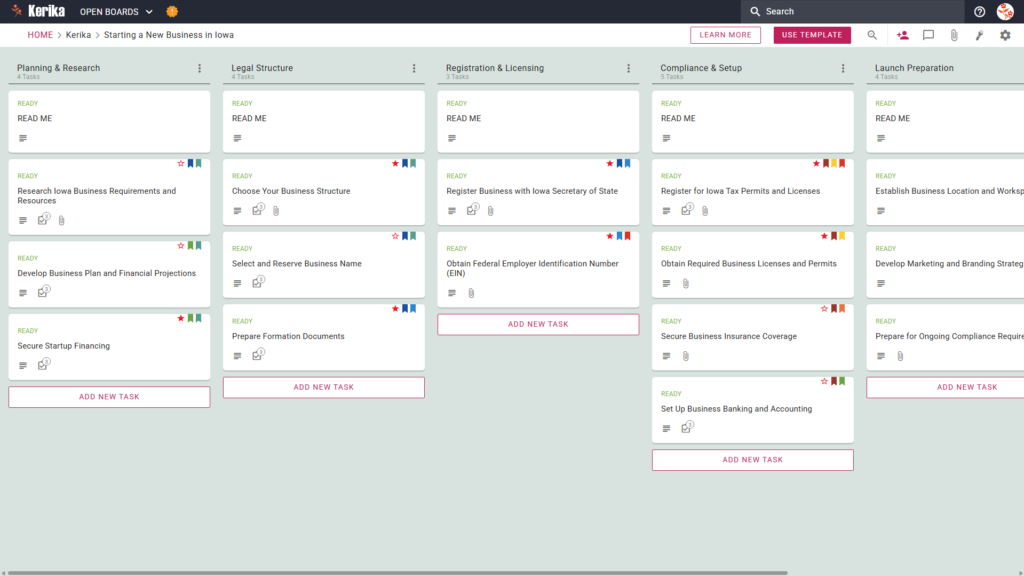 Banner titled "Starting a New Business in Iowa" featuring a screenshot of a Kerika Kanban board with task columns for Planning & Research, Legal Structure, Registration & Licensing, Compliance & Setup, and Launch Preparation.