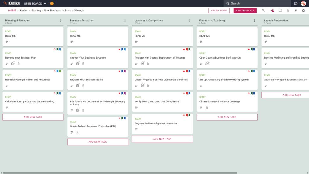 Banner titled "Starting a New Business in State of Georgia" featuring a screenshot of a Kerika Kanban board with task columns for Planning & Research, Business Formation, Licenses & Compliance, Financial & Tax Setup, and Launch Preparation.