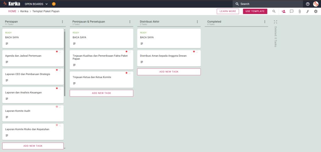 Screenshot del modello Kerika Board Pack che mostra un flusso di lavoro con lavagna Kanban per l'organizzazione di una riunione del consiglio di amministrazione, incluse le attività di preparazione, revisione e distribuzione.