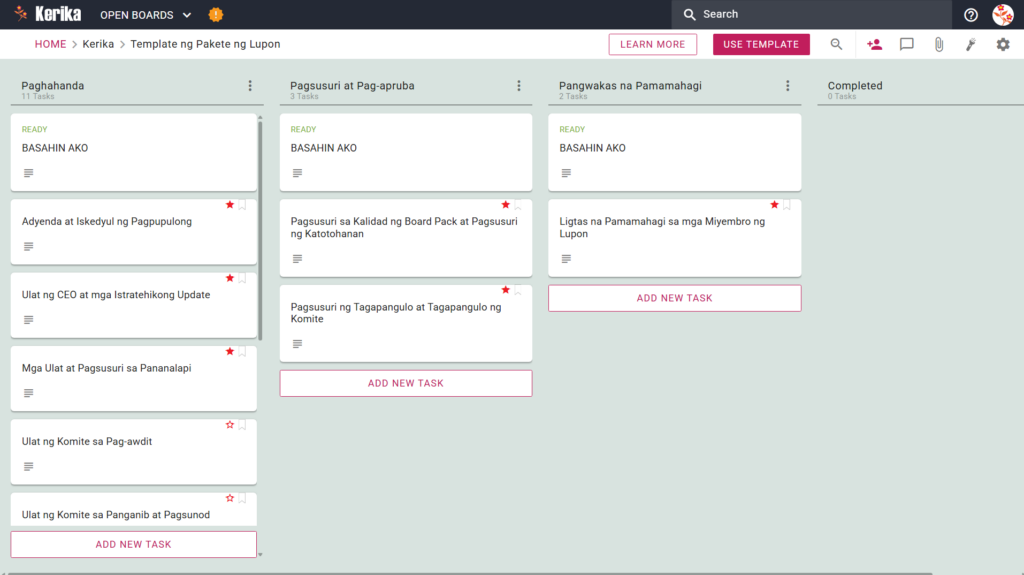 Isang screenshot ng template ng Kerik Board Pack na nagpapakita ng daloy ng trabaho ng Kanban board para sa pag-oorganisa ng pulong ng board, kabilang ang mga gawain sa paghahanda, pagsusuri, at pamamahagi.