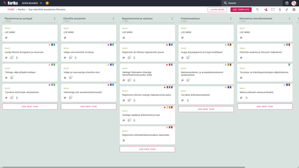 Reklaam pealkirjaga "Uue ettevõtte asutamine Illinoisis", mis näitab ekraanipilti Keriku Kanban-tahvlist koos ülesannete veergudega "Planning and Research", "Building the Business", "Registration and Compliance", "Financial Setup" ja "Preparing for Start-up".