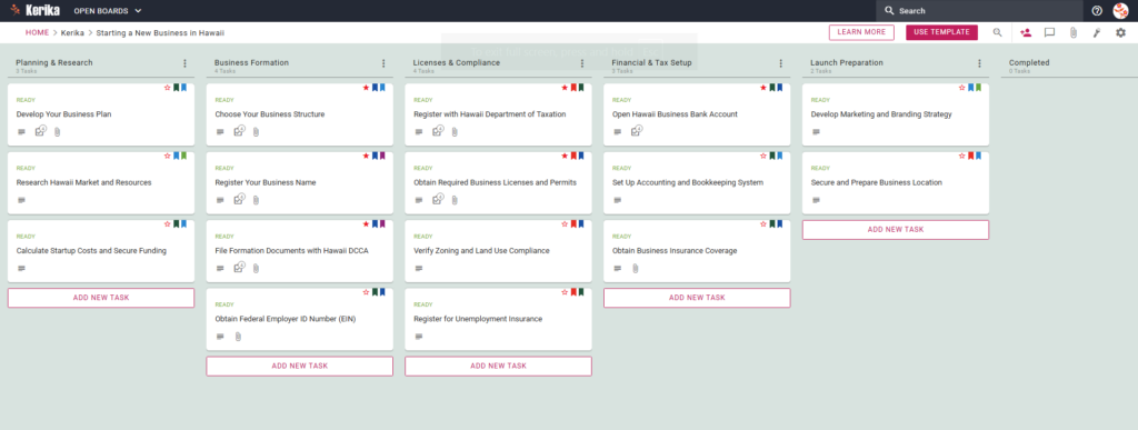 Banner titled "Starting a New Business in Hawaii" featuring a screenshot of a Kerika Kanban board with task columns for Planning & Research, Business Formation, Licenses & Compliance, Financial & Tax Setup, and Launch Preparation.