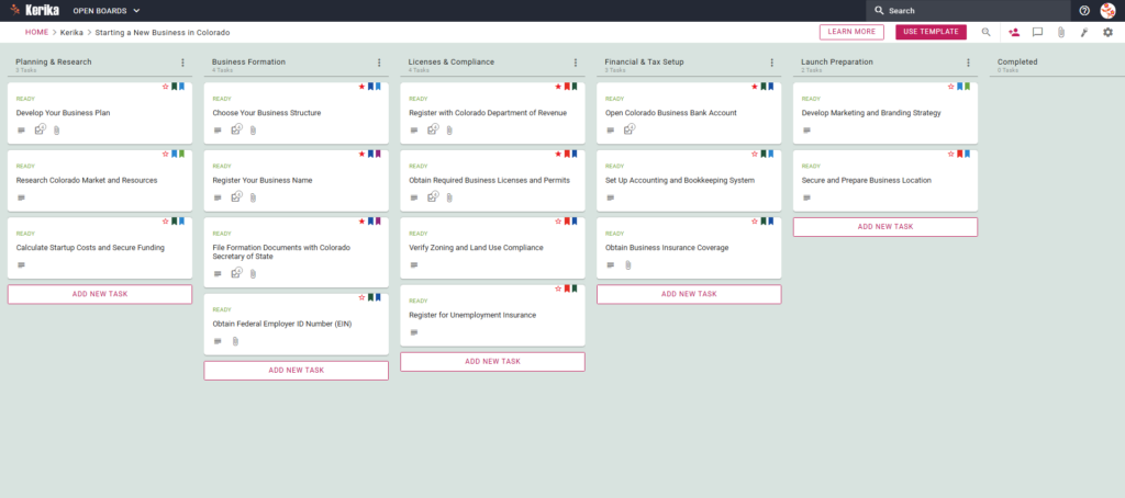 Kerika Kanban board template for starting a new business in Colorado, illustrating a step-by-step visual roadmap for business planning, legal formation, state licensing, tax setup, and launch preparation.