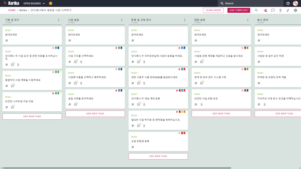 '인디애나에서 새로운 사업 시작'이라는 제목의 배너에는 칼리카의 칸반보드 스크린샷과 함께 계획 및 조사, 회사 설립, 등록 및 컴플라이언스, 재무 준비, 법인 설립 준비에 대한 설명이 담겨 있다.