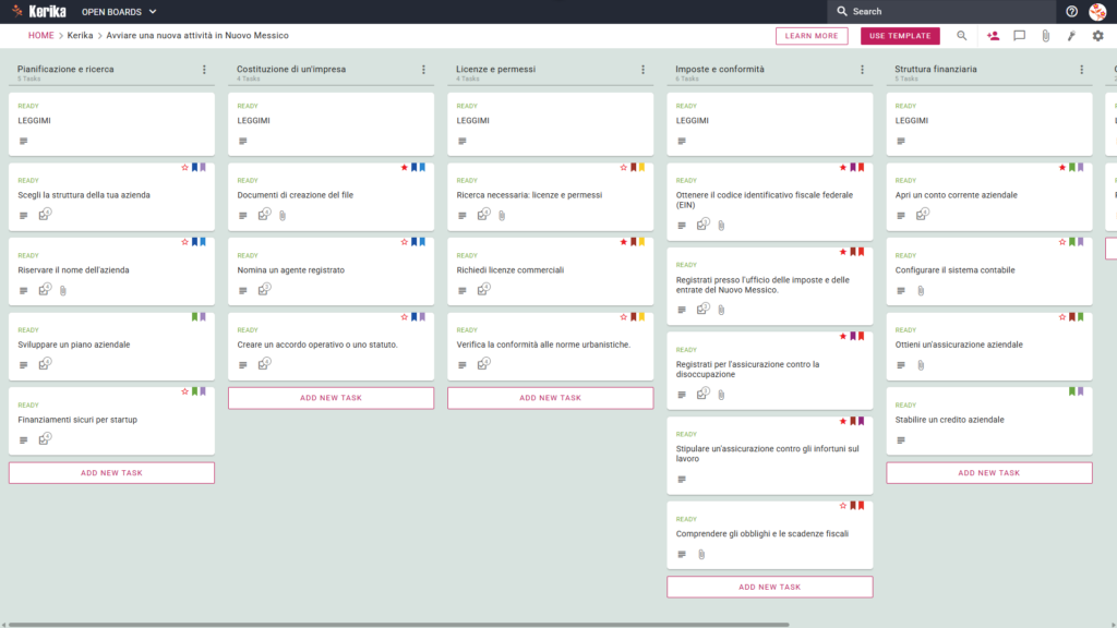 Banner dal titolo "Avviare una nuova attività in Nuovo Messico" che mostra uno screenshot di una bacheca Kerika Kanban con colonne dedicate alle attività di Pianificazione e ricerca, Costituzione dell'impresa, Licenze e permessi, Fiscalità e conformità e Organizzazione finanziaria.