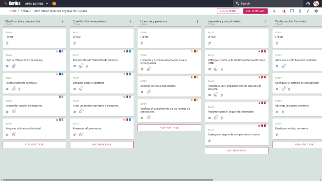 Banner titulado "Cómo iniciar un nuevo negocio en Luisiana" con una captura de pantalla del tablero Kanban de Kerik con columnas para las tareas de planificación y preparación, formación de empresas, licencias y permisos, impuestos y cumplimiento, y configuración financiera.