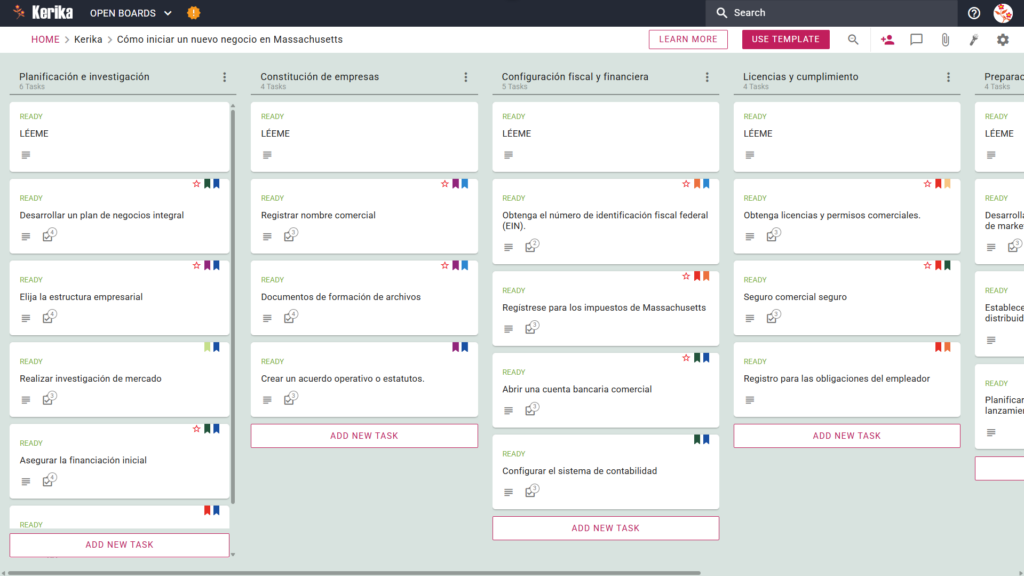 Banner titulado "Cómo iniciar un nuevo negocio en Massachusetts" con una captura de pantalla de un tablero Kanban de Kerika con columnas de tareas para planificación e investigación, formación de empresas, configuración fiscal y financiera, licencias y cumplimiento, y preparación de la puesta en marcha.