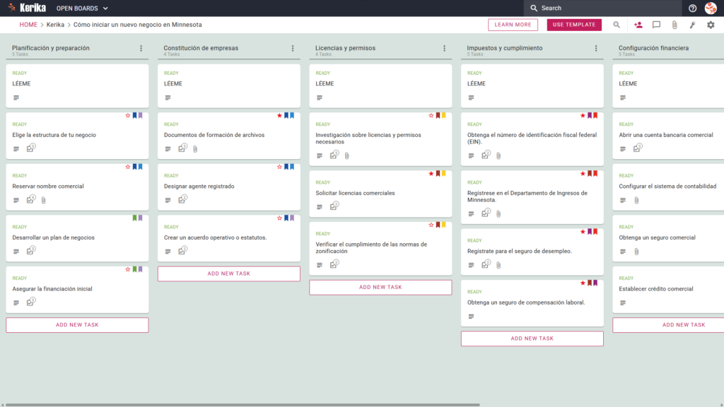 Un banner titulado «Cómo iniciar un nuevo negocio en Minnesota», en el que se ve una captura de pantalla del tablero de Kerik Kanban con las siguientes columnas de tareas: Planificación y preparación, Creación de la empresa, Licencias y permisos, Impuestos y cumplimiento normativo, y Aspectos financieros.